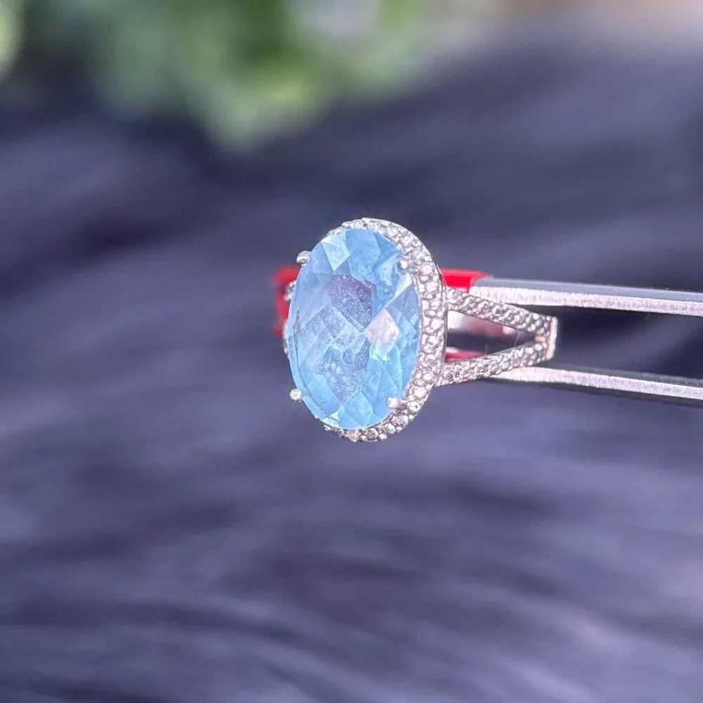 Blue Stone Surrounded With CZ’s Silver 925‎ Ring